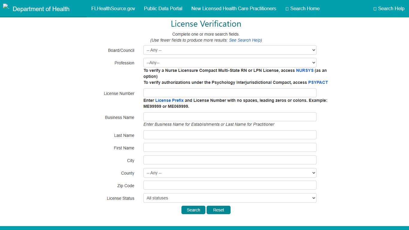 FL DOH MQA Search Portal License Verification